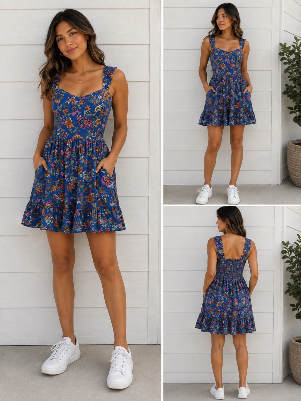Blue Floral Sweetheart Neck Mini Dress